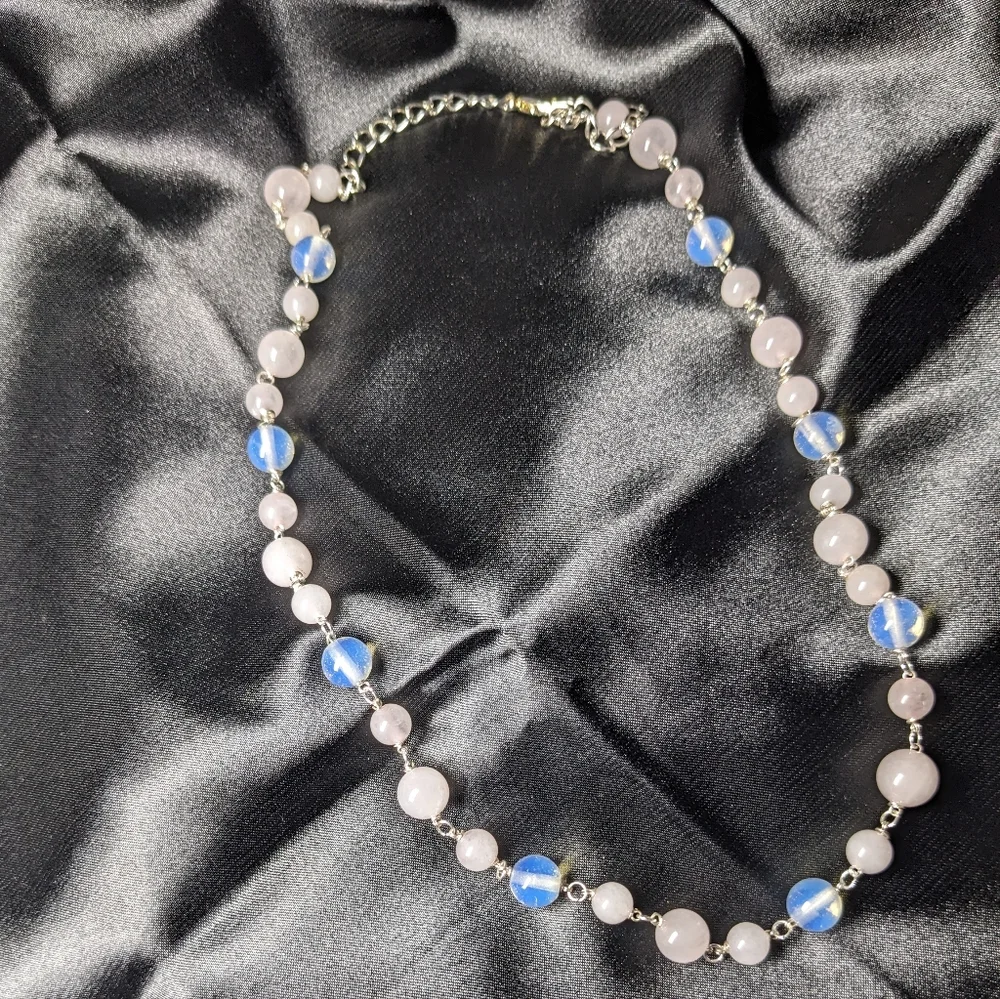 Moonstone Rose Quartz Crystal Necklace Handmade Artisan Silver Unique Natural - Picture 5 of 10